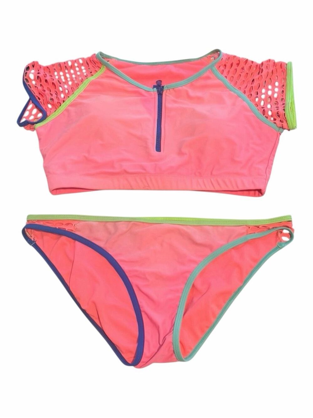 APOLLO Neon Pink Two Piece Bikini Set Mesh Sleeve Zip Front Top Size Large